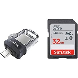 SanDisk Ultra Dual 64 GB USB 3.0 OTG Pen Drive (Black) & Ultra SDHC UHS-I Card 32GB 120MB/s R for DSLR Cameras, for Full HD Recording, 10Y Warranty