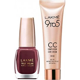 Lakme True Wear Nail Polish, Reds and Maroons 401, 9 ml & Lakme 9 to 5 CC Cream Mini, 01 - Beige, Light Face Makeup with Natural Coverage, SPF 30 , 9 g