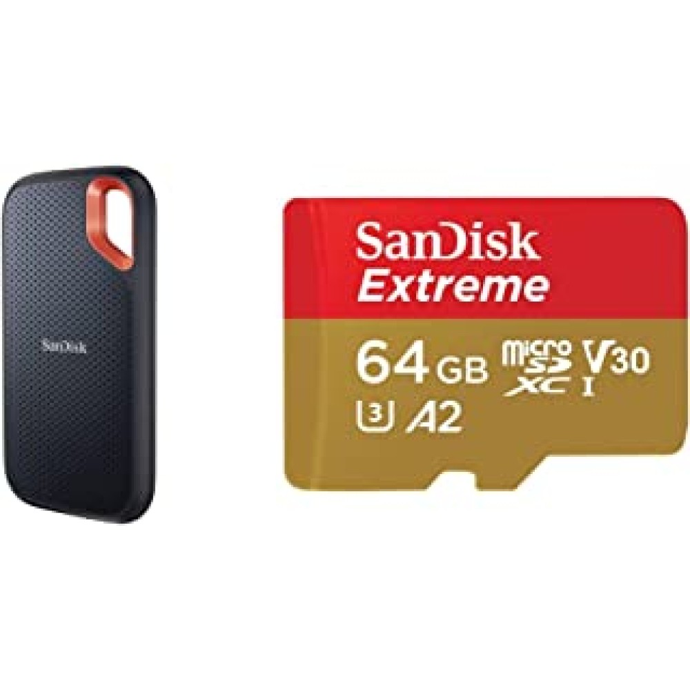 SanDisk 2TB Extreme Portable SSD 1050MB/s R, 1000MB/s W,Upto 2 Meter Drop Protection & TypeC Smartphone Compatible, 5Y Warranty, External SSD & Extreme microSD UHS I Card 64GB