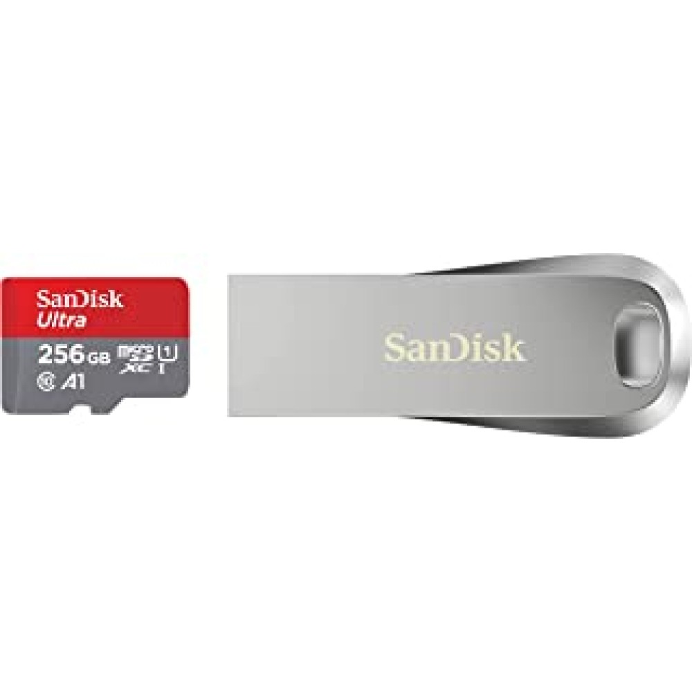 SanDisk Ultra microSD UHS-I Card 256GB, 120MB/s R & Ultra Luxe USB 3.1 Flash Drive 256GB, Upto 150MB/s, All Metal, Metallic Silver