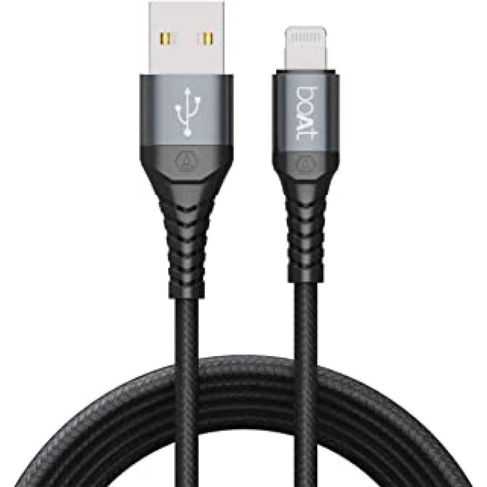 boAt LTG 550v3 Lightning Apple MFi Certified Cable with Spaceship Grade Aluminium Housing,Stress Resistance, Rapid 2.4A Charging & 480mbps Data Sync, 1m Length & 10000+ Bends Lifespan(Mercurial Black)