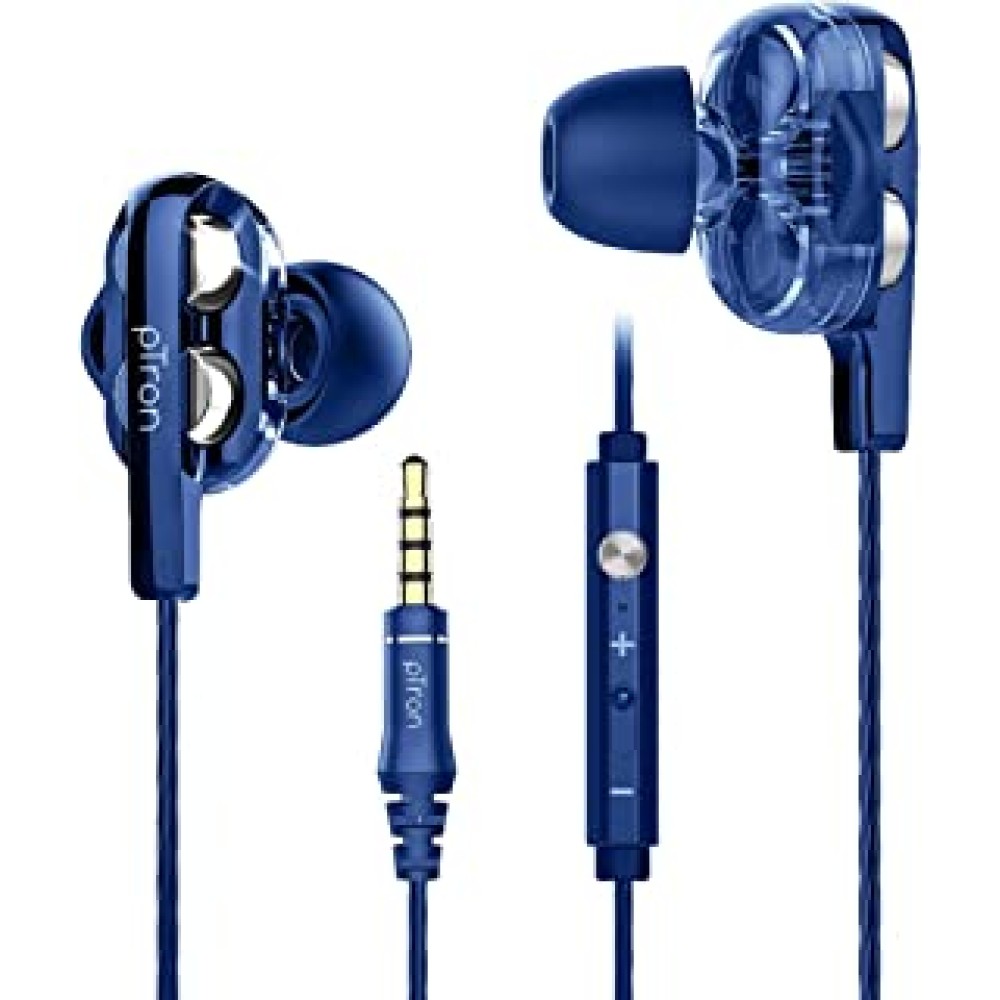 PTron Boom Ultima 4D Dual Driver, in-Ear Gaming Wired Headphones with in-line Mic, Volume Control & Passive Noise Cancelling Boom 3 Earphones - (Dark Blue)