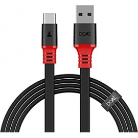 boAt Type C A750 Stress Resistant, Tangle-free, Sturdy Flat Cable with 6.5A Fast Charging & 480Mbps Data Transmission, 10000+ Bends Lifespan and Extended 1.5m Length(Rebellious Black)