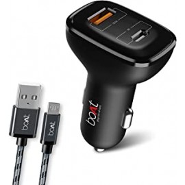 boAt Dual QC-PD Port Rapid Car Charger with 18W Qualcomm Quick Charge 3.0 Fast Charge, Smart IC Protection, Universal Compatibility & Free Micro USB Cable(Black)