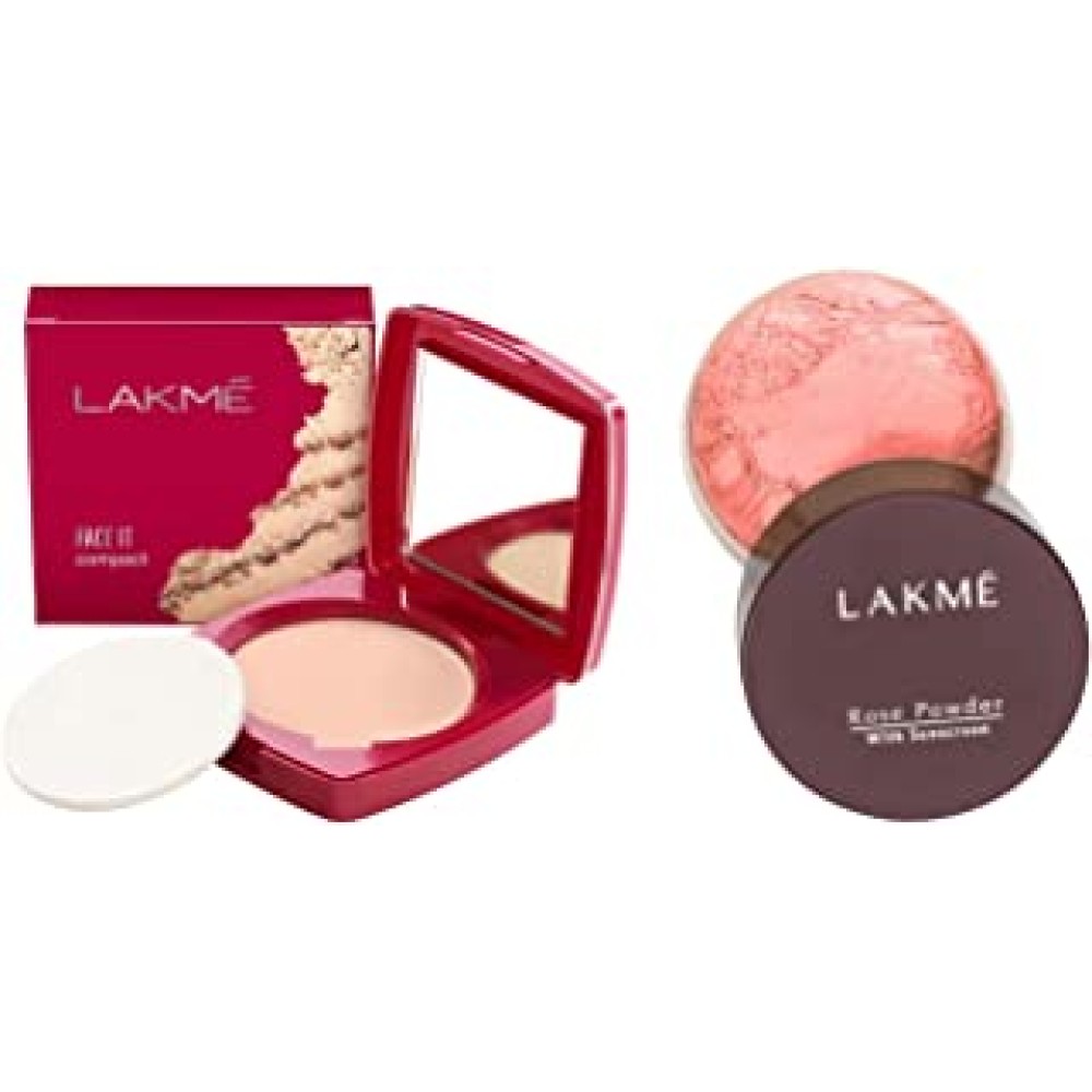 LAKMÉ Face It Compact, Pearl, 9 g & Lakme Rose Loose Face Powder with Sunscreen, Warm Pink, Face Makeup for a Rosy Glow - Matte Finish for Oily Skin Control, 40 g
