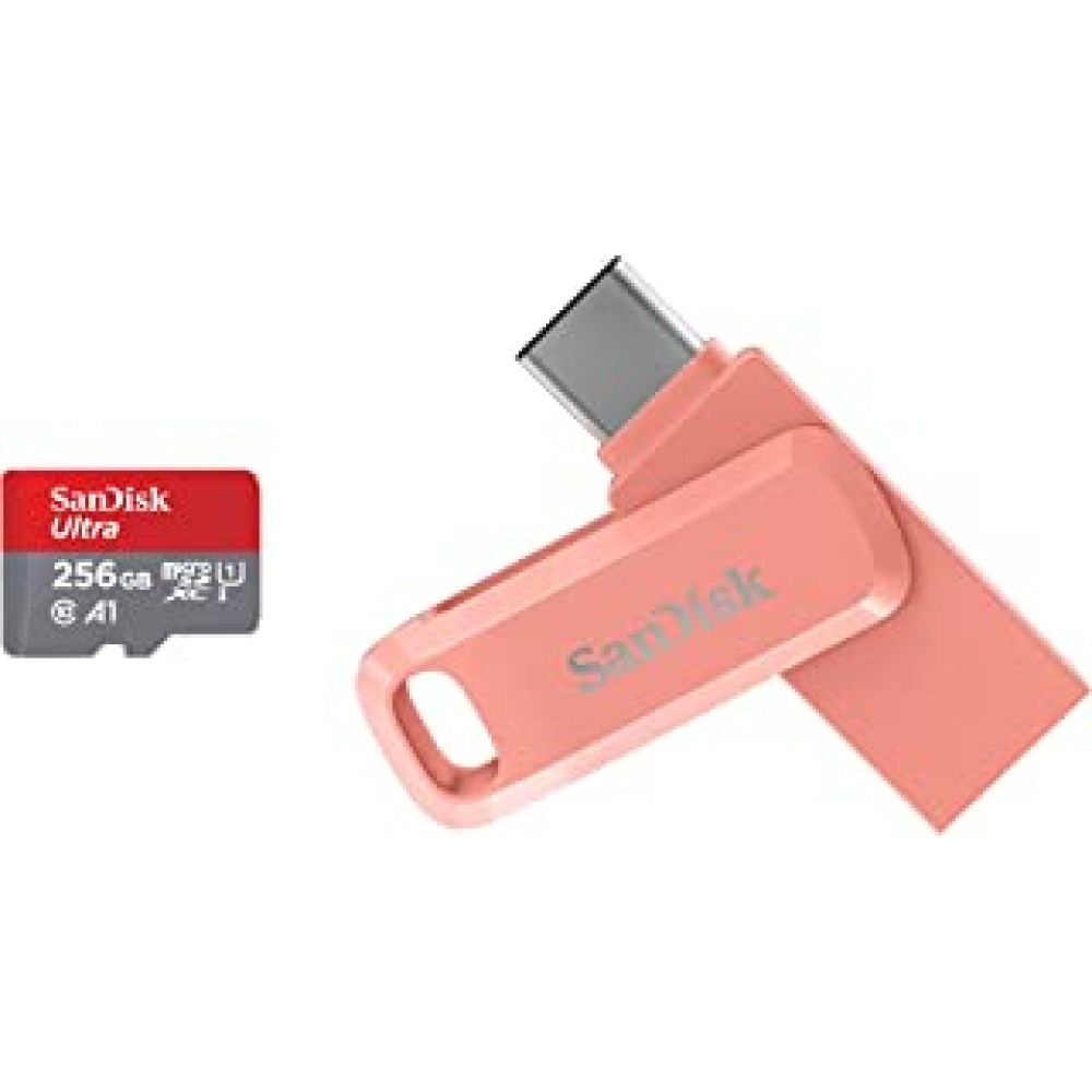 SanDisk Ultra microSD UHS-I Card 256GB, 120MB/s R & Ultra Dual Drive Go USB 3.0 Type C Flash Drive, Peach, 128GB, 5Y