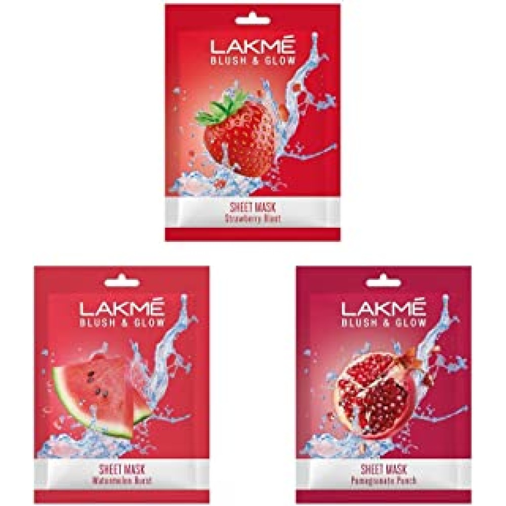 Lakmé Blush & Glow Strawberry Sheet Mask, 20 ml & Lakmé Blush & Glow Pomegranate Sheet Mask, 20 ml & Lakmé Blush & Glow Watermelon Sheet Mask, 20 ml