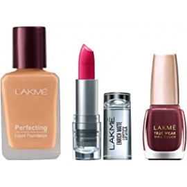 LAKMÉ Enrich Matte Lipstick Shade PM15&Lakme True Wear Nail Polish,&Lakme Perfecting Liquid Foundation, 27 ml
