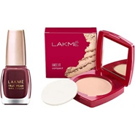Lakme True Wear Nail Polish, Reds and Maroons 401, Long Lasting Gel Nail Paint for Women - Glossy Finish, Chip Resistant Nails, 9 ml & LAKMÉ Face It Compact, Pearl, 9 g