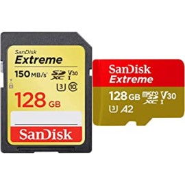 SanDisk Extreme SDXC, SDXVF 128GB, V30, U3, C10, UHS-I, 90MB/s R, 60MB/s W, for 4K Video & Extreme microSD UHS I Card 128GB for 4K Video on Smartphones,Action Cams 190MB/s Read,80MB/s Write