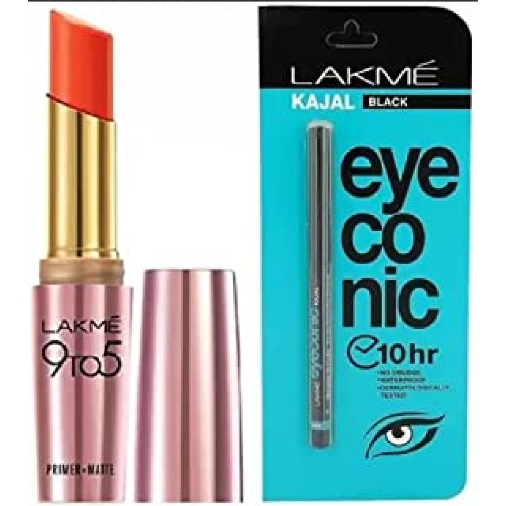 Lakme 9 to 5 Primer Plus Matte Lip Color (Shade: Vermilion Fired)& Eyeconic Black Kajal Combo (2 Items in the set)