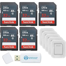 SanDisk 32GB Ultra SD Memory Card 5 Pack SDHC UHS-I Class 10 (SDSDUNR-032G-GN3IN) Bundle with 5 SD Card Cases & 1 Everything But Stromboli Card Reader