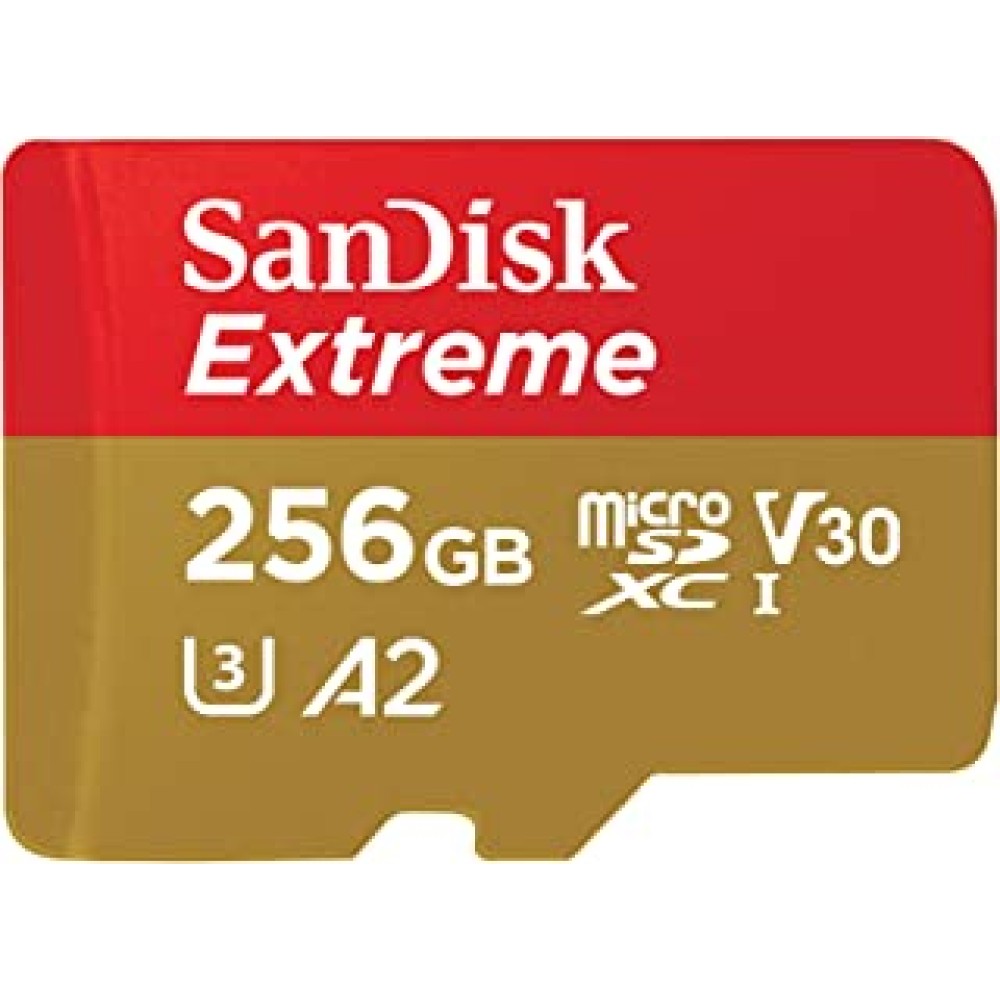 SanDisk 256GB Extreme microSDXC UHS-I Memory Card with Adapter - C10, U3, V30, 4K, 5K, A2, Micro SD Card - SDSQXAV-256G-GN6MA