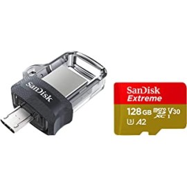 SanDisk Extreme microSD UHS I Card 128GB for 4K Video on Smartphones,Action Cams 190MB/s Read,80MB/s Write & Ultra Dual 64 GB USB 3.0 OTG Pen Drive (Black)