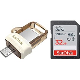 SanDisk Ultra Dual 64GB USB 3.0 OTG Pen Drive (Gold) & Ultra SDHC UHS-I Card 32GB 120MB/s R for DSLR Cameras, for Full HD Recording, 10Y Warranty