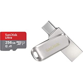 SanDisk Ultra microSD UHS-I Card 256GB, 120MB/s R & 64GB Ultra Dual Drive Luxe Type USB C Flash Drive (5Y - SDDDC4-064G-I35, Silver)