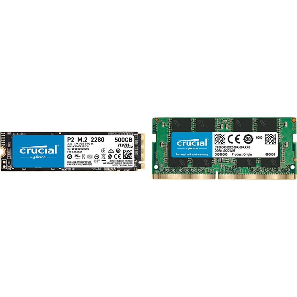 Crucial P2 500GB 3D NAND NVMe PCIe M.2 SSD Up to 2400MB/s - CT500P2SSD8 & RAM 8GB DDR4 3200MHz CL22 (or 2933MHz or 2666MHz) Laptop Memory CT8G4SFRA32A