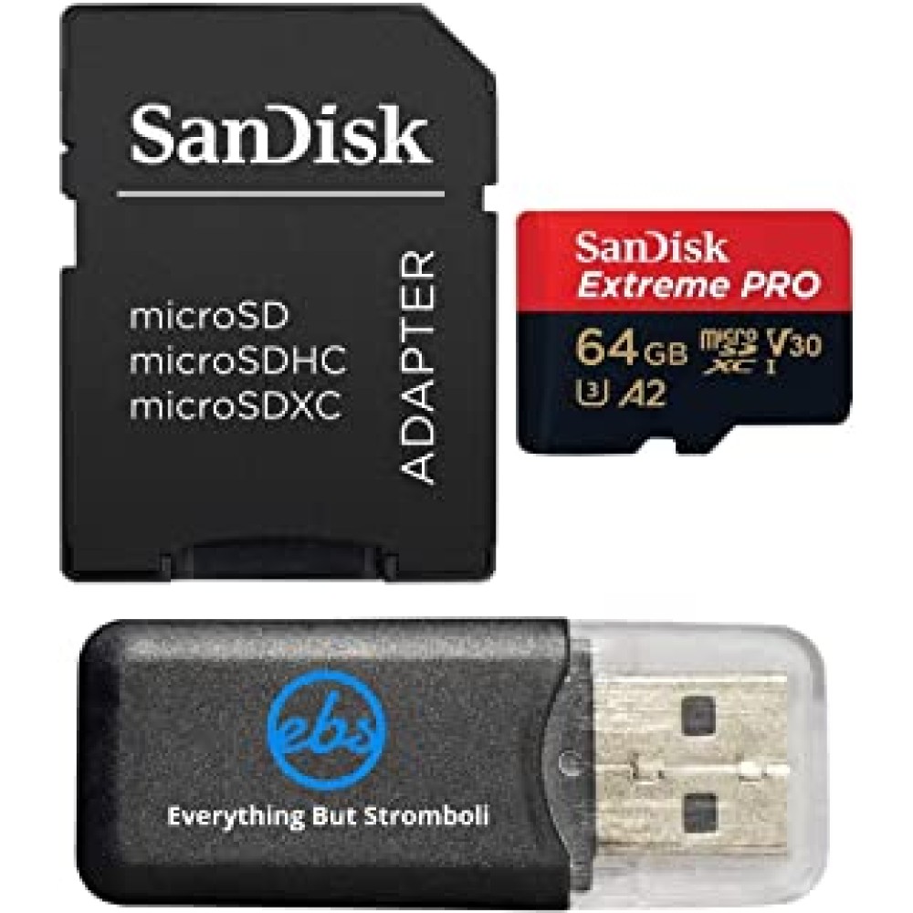 SanDisk 64GB Micro SDXC Extreme Pro Memory Card Bundle Works with GoPro Hero 7 Black, Silver, Hero7 White UHS-1 U3 A2 with (1) Everything But Stromboli (TM) Micro Card Reader