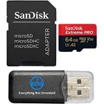 SanDisk 64GB Micro SDXC Extreme Pro Memory Card Bundle Works with GoPro Hero 7 Black, Silver, Hero7 White UHS-1 U3 A2 with (1) Everything But Stromboli (TM) Micro Card Reader