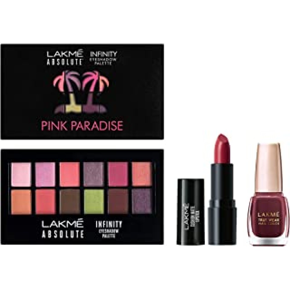Lakmé Absolute Infinity Eye Shadow Palette, Pink Paradise, 12 g&Lakmé Cushion Matte Lipstick, Red Wine, 4.5 g&Lakme True Wear Nail Polish,