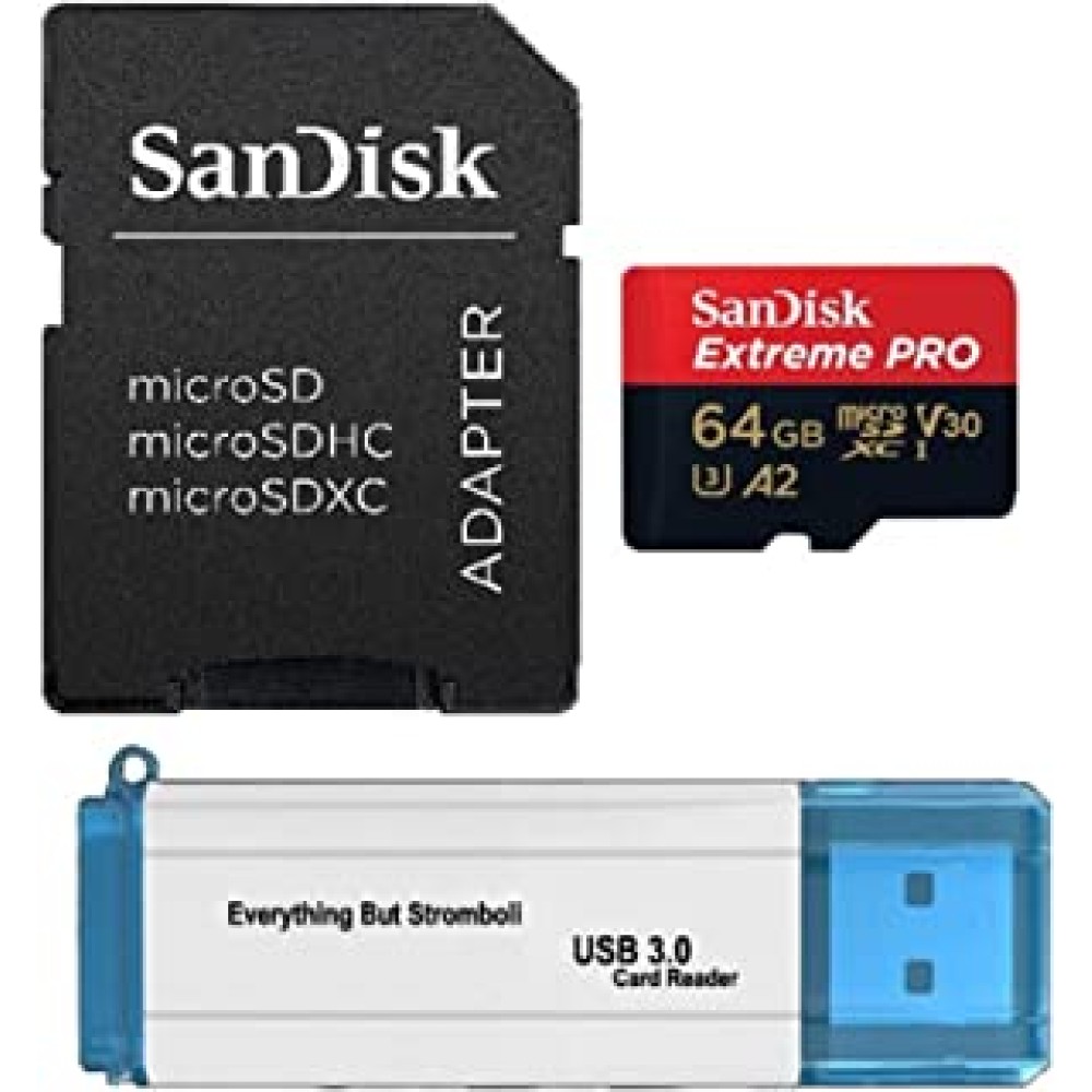 SanDisk 64GB Memory Card Extreme Pro Bundle Works with Gopro Hero 7 Black, Silver, Hero7 White UHS-1 U3 A2 Micro SDXC with Everything But Stromboli 3.0 Micro/SD Card Reader