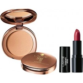 Lakme 9 to 5 Flawless Matte Complexion Compact Powder, Melon, Absorbs Oil, Conceals & Gives Radiant Skin 8 g & Lakmé Cushion Matte Lipstick, Red Wine, 4.5 g
