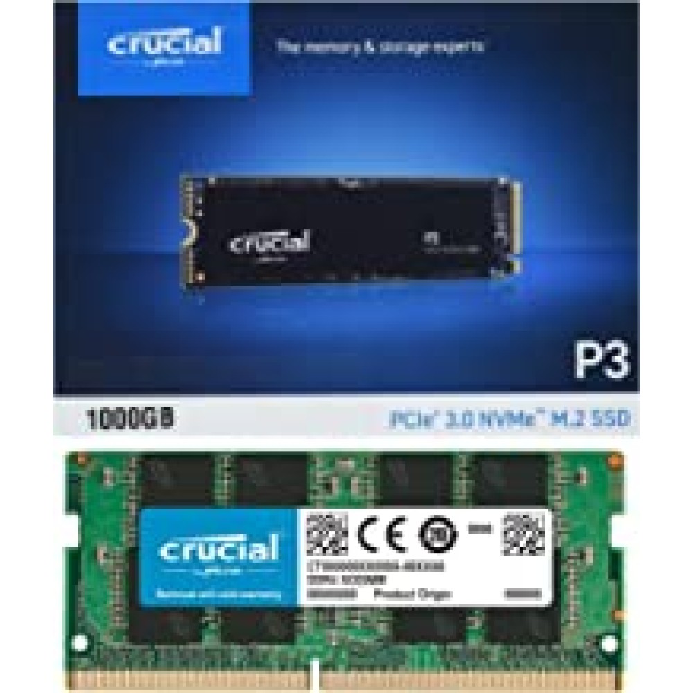 Crucial P3 1TB PCIe 3.0 3D NAND NVMe M.2 SSD, up to 3500MB/s - CT1000P3SSD8 & RAM 8GB DDR4 3200MHz CL22 (or 2933MHz or 2666MHz) Laptop Memory CT8G4SFRA32A