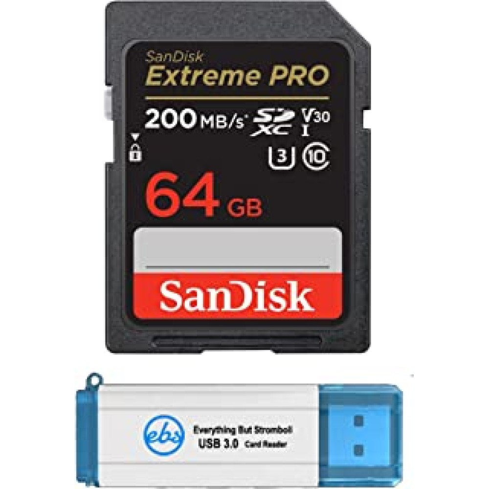 SanDisk Extreme Pro 64GB SDXC Card for Canon Camera Compatible with EOS M50 Mark II, EOS Ra Class 10 UHS-1 (SDSDXXY-064G-GN4IN) Bundle with (1) Everything But Stromboli 3.0 SD Memory Card Reader