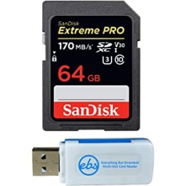 SanDisk 64GB SDXC Extreme Pro Memory Card Bundle works with Olympus OM-D E-M10 Mark II, PEN E-PL9 Mirrorless Camera 4K V30 (SDSDXXG-064G-GN4IN) plus (1) Everything But Stromboli (TM) Combo Card Reader