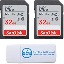 SanDisk 32GB SDHC SD Ultra Memory Card (Two Pack) Works with Canon EOS Rebel T7, Rebel T6, 77D Digital Camera Class 10 (SDSDUNR-032G-GN6IN) Bundle with (1) Everything But Stromboli Combo Card Reader