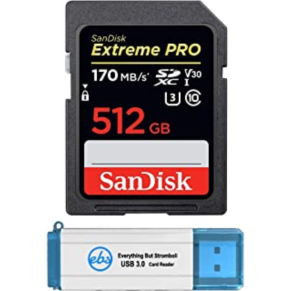 SanDisk Extreme Pro 512GB SDXC Card for Canon Camera Compatible with EOS M50 Mark II, EOS Ra Class 10 UHS-1 (SDSDXXY-512G-GN4IN) Bundle with (1) Everything But Stromboli 3.0 SD Memory Card Reader