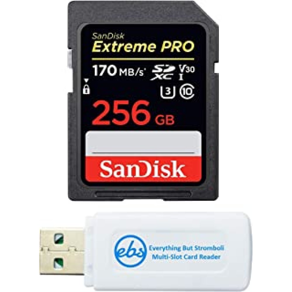 SanDisk Extreme Pro 256GB SD Card for Camera Works with Nikon Z7 II (Z 7II), Z6 II (Z 6II) - SDXC UHS-I Card (SDSDXXY-256G-GN4IN) Bundle with (1) Everything But Stromboli Micro & SD Memory Card Reader