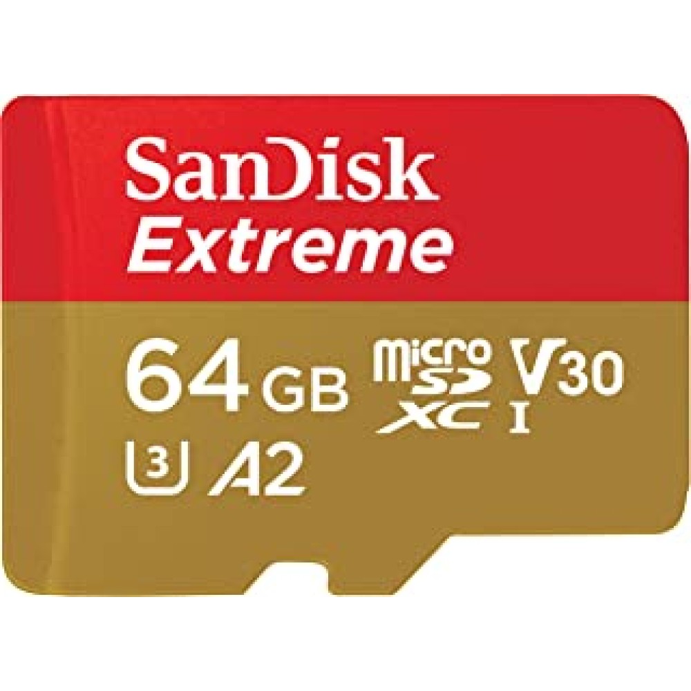 SanDisk 64GB Extreme microSDXC, U3, C10, V30, UHS 1, 160MB/s R, 60MB/s W, A2 Card, for 4K Video Rec on Smartphones, Action Cams & Drones, SDSQXA2