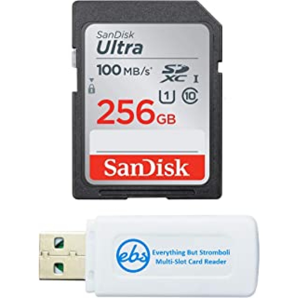 SanDisk 256GB SD Ultra Memory Card for Nikon Camera Works with Coolpix D3500, D7500, D5600, D5200 (SDSDUNR-256G-GN6IN) Bundle with (1) Everything But Stromboli SDXC & Micro Card Reader