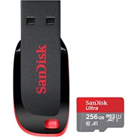 SanDisk Ultra microSD UHS-I Card 256GB, 120MB/s R & SDCZ50-128G-I35 USB2.0 128 GB Pen Drive (Red and Black)