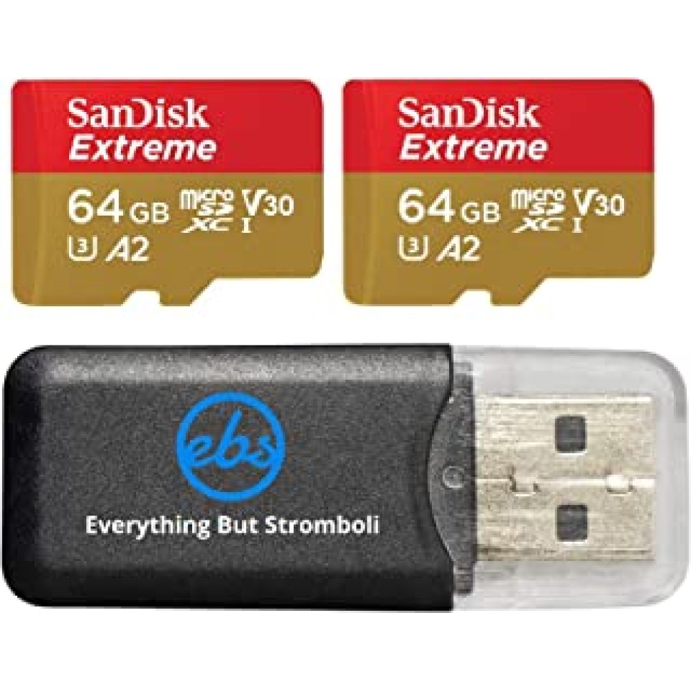 SanDisk 64GB Micro SDXC Extreme Memory Card (Two Pack) Bundle SDSQXA2-064G-GN6MA Works with GoPro Hero 7 Black, Silver, Hero7 White UHS-1 U3 A2 plus (1) Everything But Stromboli (TM) Micro Card Reader