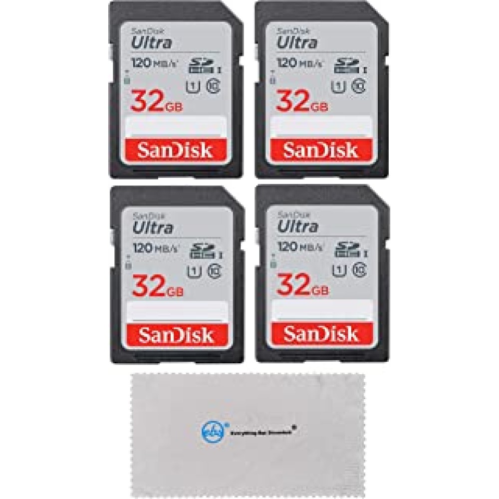 SanDisk 32GB Ultra SD Memory Card (4 Pack Bundle) SDHC UHS-I Card 98 MB/s Class 10 (SDSDUNC-032G-GN6IN) Plus (1) Everything But Stromboli (TM) Micro Fiber Cloth