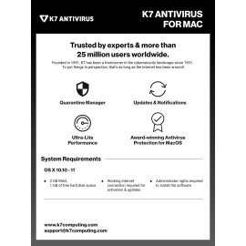 K7 Antivirus for Mac 2022|1 User,1 Year |Antivirus Software ,Auto scan, Real-Time Protection against Threats| 24 hr Email Delivery