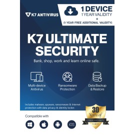 K7 Ultimate Security Antivirus Software 2022 |1 Device,1 Year| Threat Protection, Internet Security,Data Backup,Mobile Protection|Windows laptop,PC, Mac®,Phones,Tablets- Email Delivery in 2 Hours