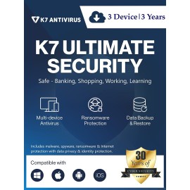 K7 Ultimate Security Antivirus Software 2022 | 3 Device, 3 Years |Threat Protection, Internet Security,Data Backup,Mobile Protection|Windows laptop,PC, Mac®,Phones,Tablets-24hr Email Delivery