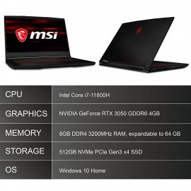 MSI Gaming GF63 Thin, Intel 11th Gen. i7-11800H, 40CM FHD 144Hz Gaming Laptop (8GB/512GB NVMe SSD/Windows 10 Home/Nvidia GTX1650 Max-Q 4GB GDDR6/ Black/1.86Kg), 11SC-852IN