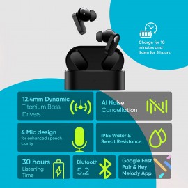 OnePlus Nord Buds True Wireless in Ear Earbuds with Mic, 12.4mm Titanium Drivers, Playback:Up to 30hr case, 4-Mic Design + AI Noise Cancellation, IP55 Rating, Fast Charging (Black Slate)